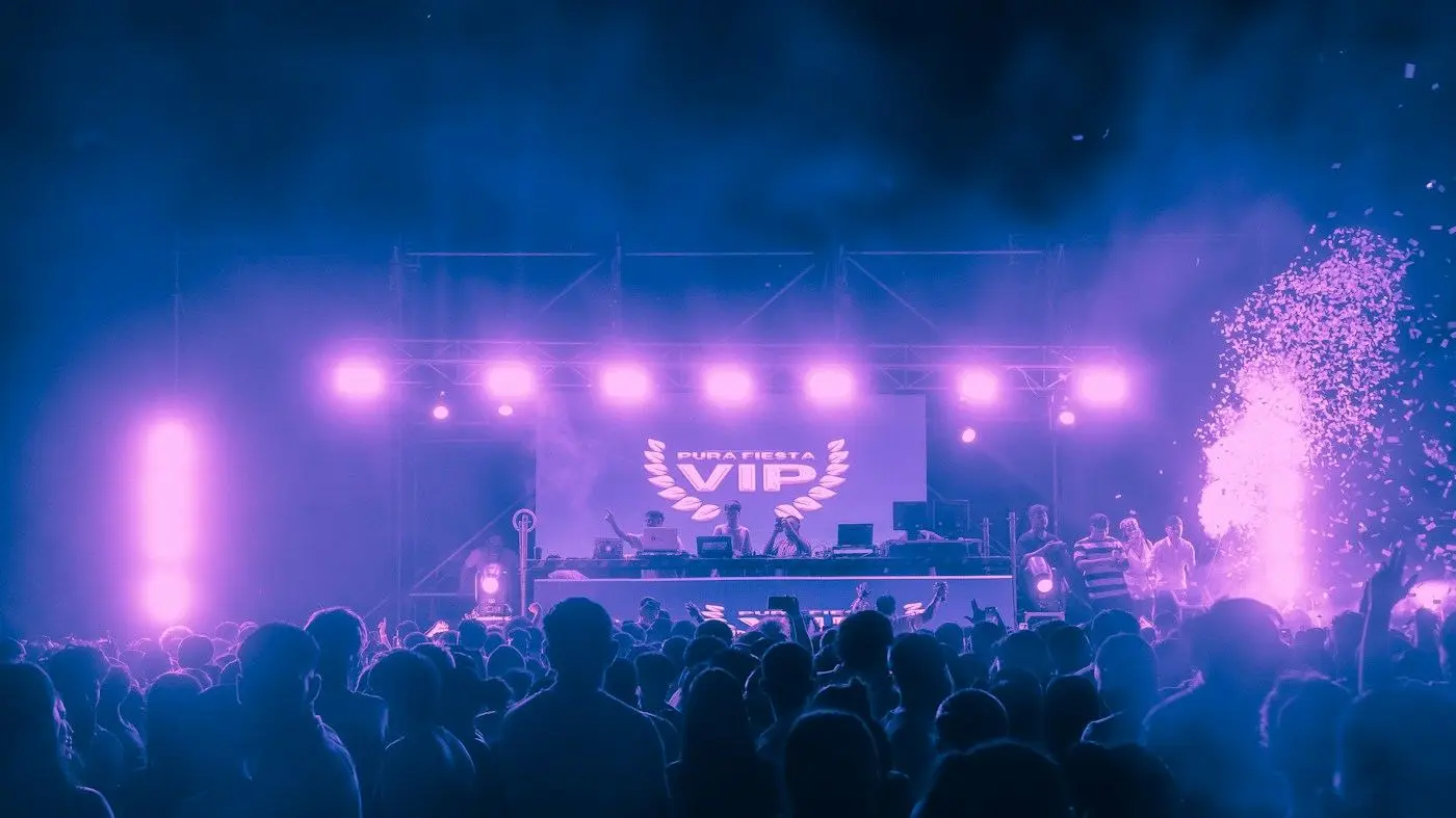 Escenario de un evento con luces violetas y público